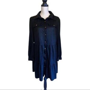 Shein Curve Womens Tiered Long Sleeve Button-Down Dress Black 1XL Polyester Casu